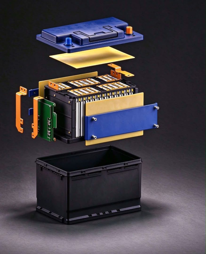 Exploded view of an ORYXON lithium battery showing its cells, BMS board, busbars and housing